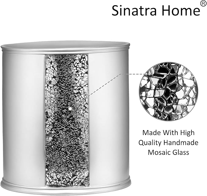 Zahari Home 2pc Sinatra Silver Modern Bath Accessories Set Waste Basket & Tissue Box Modern Classic Contemporary Decorative Beautiful Designs Bathroom Decor Set for Home Mosaic Glass