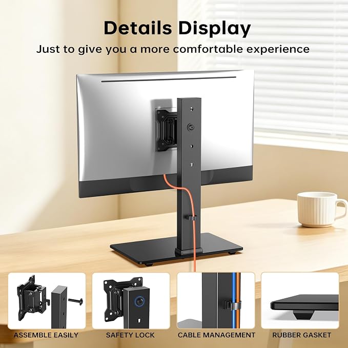Afaloona Freestanding Single Monitor Stand for 13-32 Inch Monitor, No Clamp | Max Load 77lbs | Tempered Glass Base | ±25° Swivel | -5° to +10° Tilt | 360° Rotation | 4 Height Options | VESA 75×75/100×100