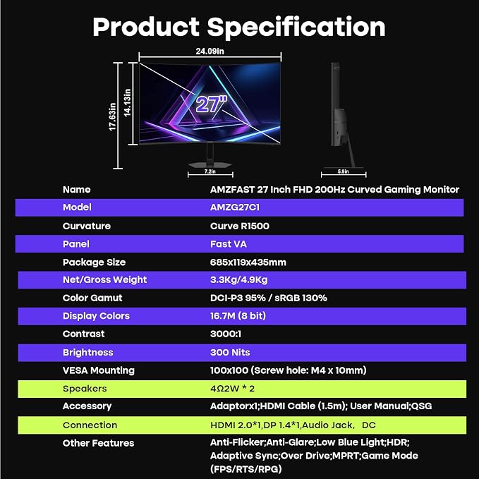 Amzfast 27 inch 200Hz Curved Gaming Monitor, FHD 1080p with Built-in Speakers, FreeSync, MPRT 1ms, 130% sRGB, 3000:1, 1500R, VESA Mount, HDMI 2.0&DP 1.4, 12 Months Warranty Exchange, AMZG27C1