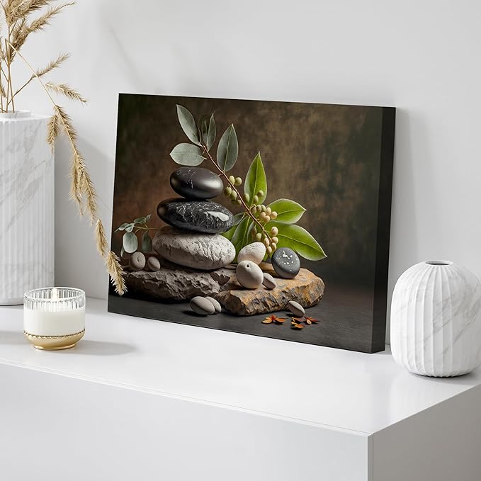 wall26 Canvas Print Wall Art Zen Massage Stone Pebble Bamboo Leaf Nature Wilderness Photography Realism Modern Art Decorative Multicolor Rustic Minimal Relax/Calm/Cozy Colorful for Bedroom - 12"x18"