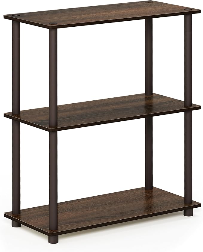 Furinno TURN-N-TUBE Storage Shelves, 3-Tier Book Shelf, Corner Shelf, Toolless Open Shelves, for Organization and Storage, Living Room, Garage, Home Office, Walnut
