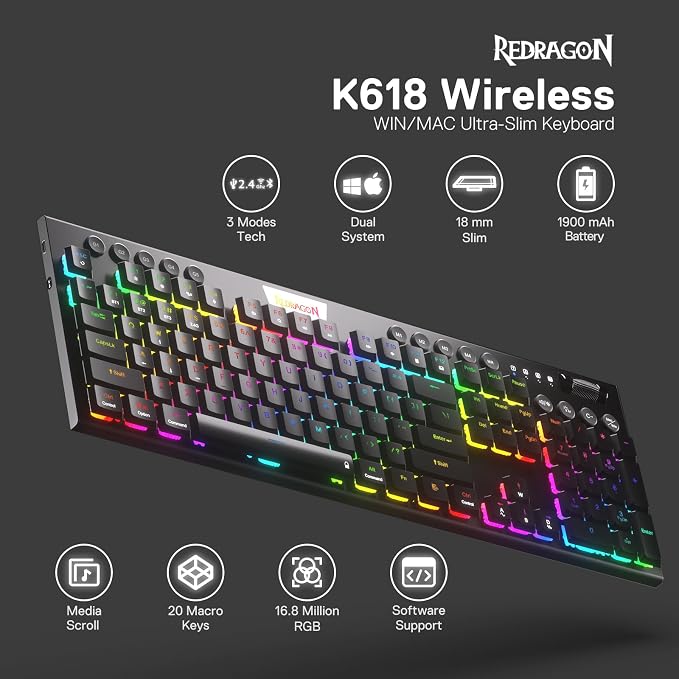 Redragon K618 PRO Wireless Ultra-Thin Gaming Keyboard, Macro & Media Scroll | 0-Delay Tri-Mode, 5 On-Board Keybinding G Buttons for MMO MOBA Games, Dedicated Media Control, Easy-Switch Win/Mac Compatible