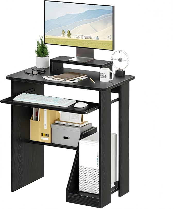 ALISENED 30 Inch Computer Desk, with Keyboard Tray & Monitor Stand | Compact Desk for Space-Saving, Ergonomic Study Desk with Storage Shelves for Writing, Gaming, Working, Black