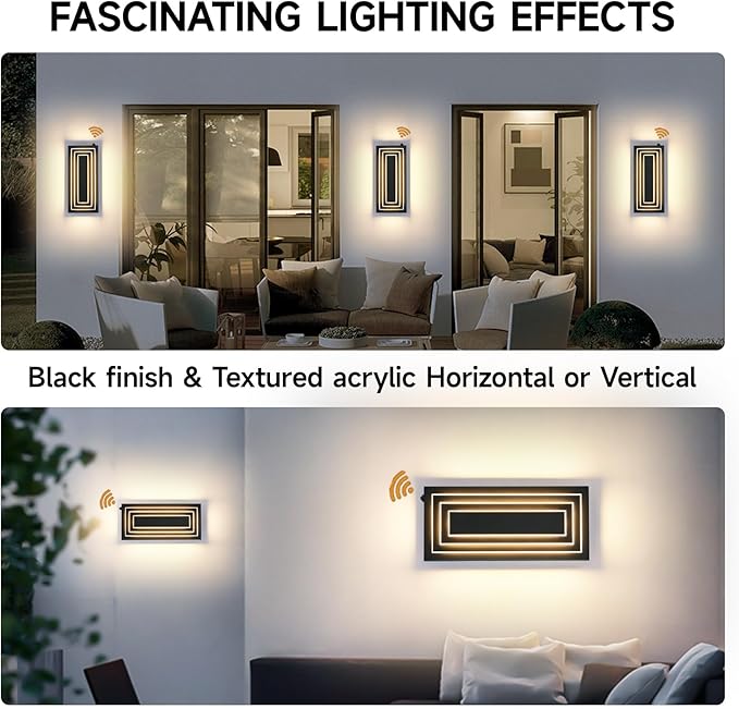 Dawn To Dusk Outdoor Light Fixture Modern Exterior Wall Light, 3-Tier Black Outdoor Wall Sconce, 15.7 IN Outdoor Lights For House,Front Door, Patio, Warm White 24 W Outside Porch Lights 2 Pack