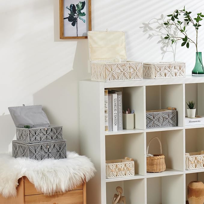 Decorative Boho Storage Baskets with Lid Natural Macrame Boxes | Handmade Cotton Rope Woven Bins, Shelf Desk Organizer Container for Jewelry Memory Keepsake Photo Makeup, Gray, Large
