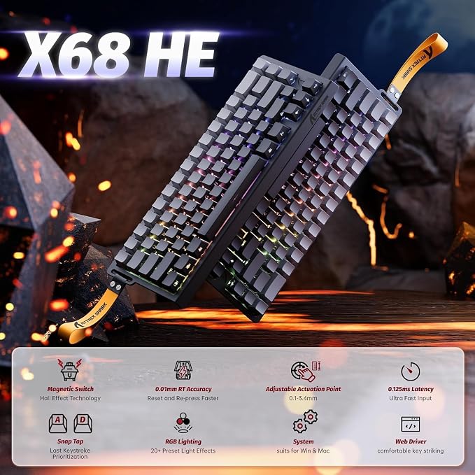 ATTACK SHARK X68 HE RT Mechanical Gaming Keyboard 60% Wired TKL-Moonlight | Adjustable Actuation,Hall Effect Magnetic Switch,8KHz Polling Rate,RGB Backlit,Top Mount,Side Printed Keycap for PC Mac Gamer