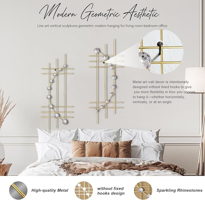 ZEXUIRU 2 Pcs Abstract Metal Art for Wall Decor Living Room Bedroom Bathroom Office Metal Bling Modern Geometric Hanging Vertical Small Iron Sculpture Plaque Pack -Gold 24in