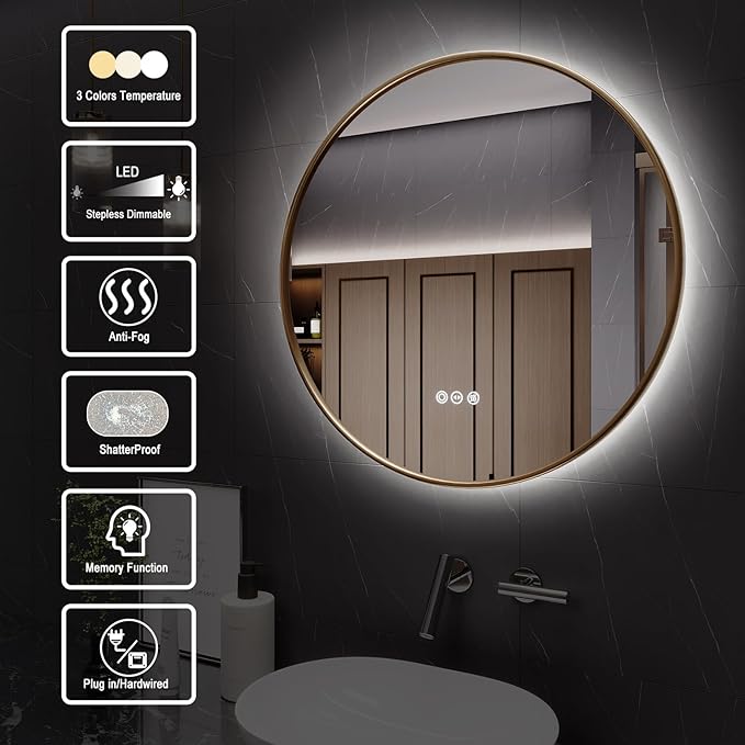 Round Bathroom Mirror with Lights, 28x28 Inch Vanity Mirror with Backlit, Anti-Fog, 3 Colors and Stepless Dimmable Wall Mounted Makeup Mirror with Metal Frame (Gold)