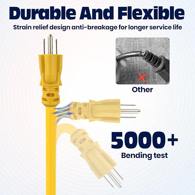 10 ft 12/3 Outdoor Extension Cord Waterproof Heavy Duty 12 Gauge 3 Prong, Flexible Cold-Resistant Long Power Cord Outside, 15Amp 1875W SJTW Yellow, for Christmas Lights ETL Listed.