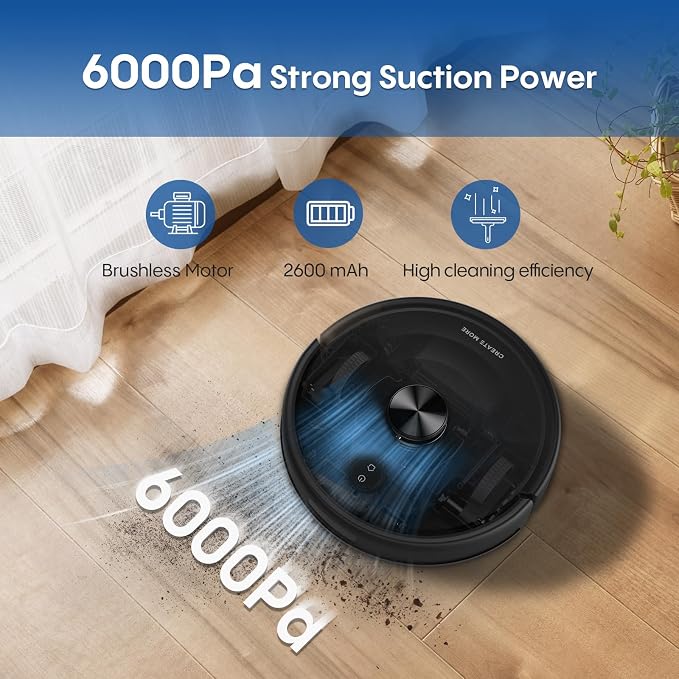 Bagotte Robot Vacuum and Mop Combo with LiDAR Navigation, Self-Emptying Robotic Vacuums Cleaner with 6000Pa Super Power, Mapping, 90 Days Hands-Free, Fast Home Mapping for Pet Hair, Hard Floors