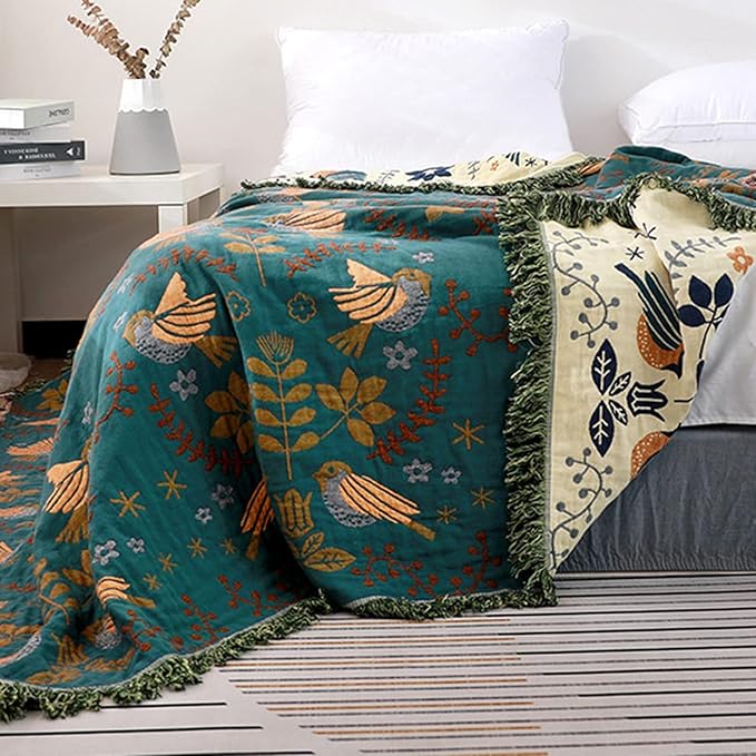King Size Throw Blanket for End of Bed 100% Cotton Woven Bed Throws for All Season Lightweight and Soft Cozy Farmhouse Reversible Muslin Decorative Blanket for Travel Picnic, Teal/Cream, 91''x98''