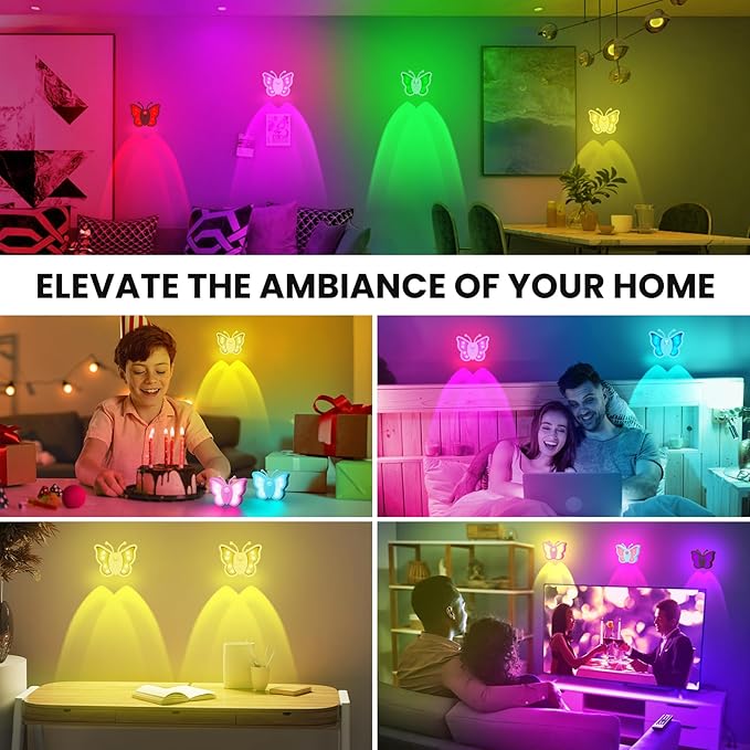 LOFTEK Rechargeable Motion Sensor Light, RGB Color Change & Dimmable Night Light, Cute Butterfly Light for Kids' Bedroom, Bathroom, Hallway, Tent & Stairs - Halloween Decor & Gift, Black of 4