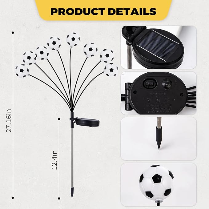Solar Football Garden Lights – Swaying LED Solar Lights Outdoor for World Cup Decor, Outdoor Waterproof Patio & Yard Lights with Flexible Wire & Heavy Base, Warm White (2 Pack)