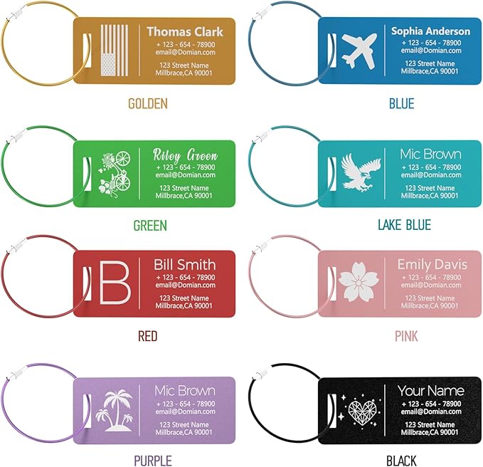 10 Personalized Metal Luggage Tags, Custom Suitcase Aluminum Name Tags with Steel Ring, Laser Engraved Name and Logo, for Travel, Backpack, Baggage, Golf Bag (Pink)