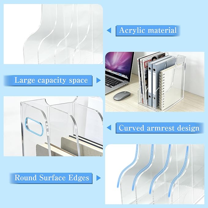 3-Tier Clear Acrylic File Holder, Vertical Document Organizer for Magazines, Binders, Notebooks & Envelopes - Multi-Purpose Desk Storage for Home Office（A4,3 Sections）