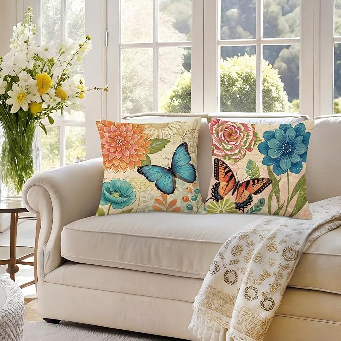 wyooxoo Spring Summer Pillow Covers 20x20 Set of 4 Farmhouse Throw Pillow Covers Linen Flower Butterfly Decorative Pillowcases for Sofa Couch Living Room Outdoor