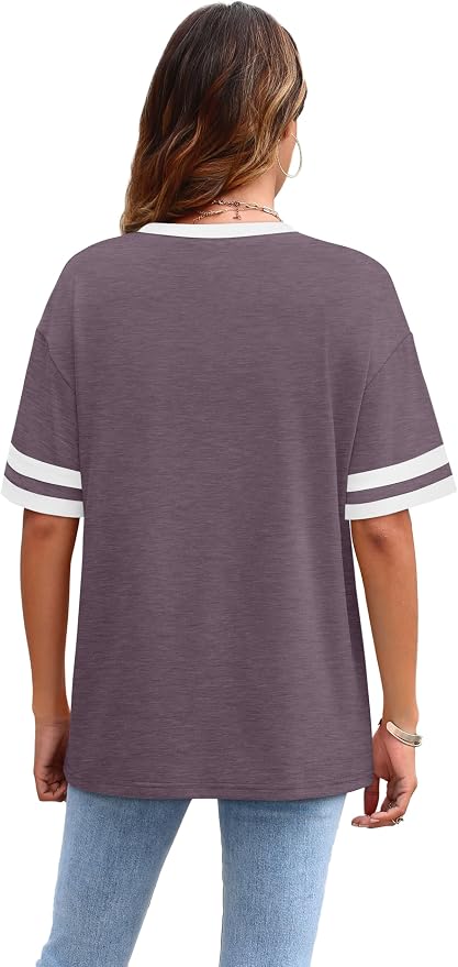 WIHOLL Womens T Shirts Loose Fit Short Sleeve Tees Crew Neck Color Block Summer Tops 2026 Fashion