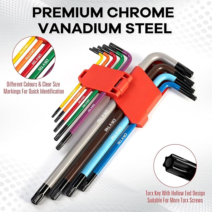 Meiwaltee 9PCS Torx Star Allen Wrench Set, Extra Long Arm Star Key Set T10 - T50, Cr-V Steel, Color-Coded Anti-Slip Wrenches For Bike Repair, Furniture Assembly, Motorcycle Maintenance, DIY Project.