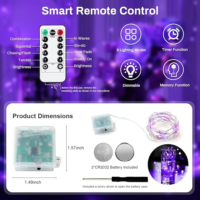 ZGWJ 6 Pack Fairy Lights Battery Operated with Remote, 7ft 20 LED Mini Fairy String Lights with Timer 8 Lighting Modes Waterproof for Halloween Christmas Tree DIY, Parties, Bedroom Decorations Purple