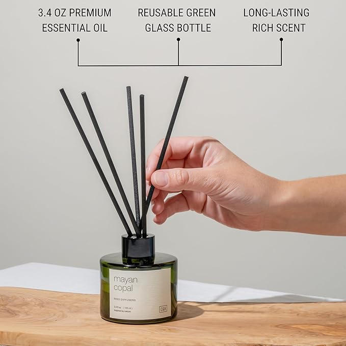 Craft & Kin Mayan Copal Reed Diffuser | All Natural Essential Oil & Rattan Scent Sticks | Winter Reed Diffusers for Home, Bathroom | Long Lasting Home Fragrance in Green Glass, 3.4oz