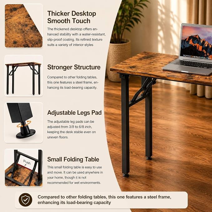 Folding Table Computer Desk - 43.3" No Assembly Folding Desk Design and Foldable Office Desk, Small Desk for Bedroom, Compact Storage Portable Use for Dorm and RV Small Space, Rustic Brown