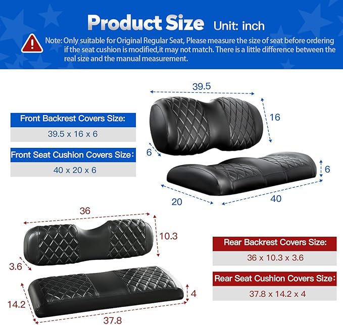 NOKINS Golf Cart Front&Rear Seat Covers Kit, Front Seat Covers Fits Club Car Precedent/Tempo/Onward Premium Seat Cushion, Rear Seat Covers Fits Aftermarket Standard Cushion (Black&Black Stitch)
