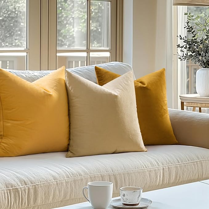 MIULEE Velvet Throw Pillow Covers 18x18 Inch Pack of 2 Mustard Yellow | Soft Solid Decorative Pillow Covers, Modern Luxury Home Decor, for Couch Chair Sofa Bedroom Livingroom