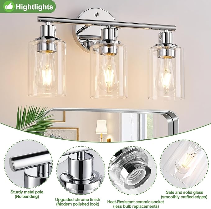 3-Light Bathroom Light Fixtures, Chrome Bathroom Wall Light with Clear Glass Shade, Bathroom Wall Lamp for Mirror Kitchen Living Room Hallway Cabinet