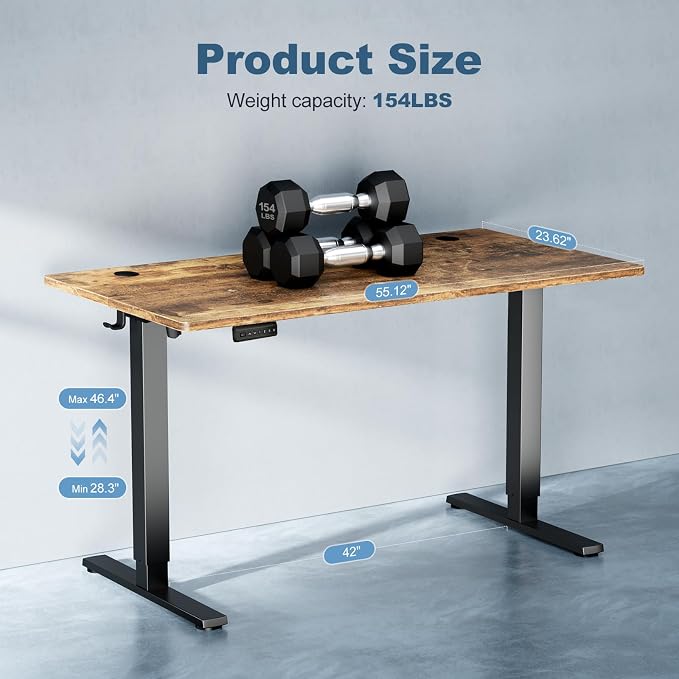DUMOS 55 Inch Electric Standing Desk, Memory Adjustable Home Office Desk | Sit Stand Up Desk for Work Home Office,Adjustable Desk, Rising Computer Table with Splice Board,Cable Management,Hook,Brown