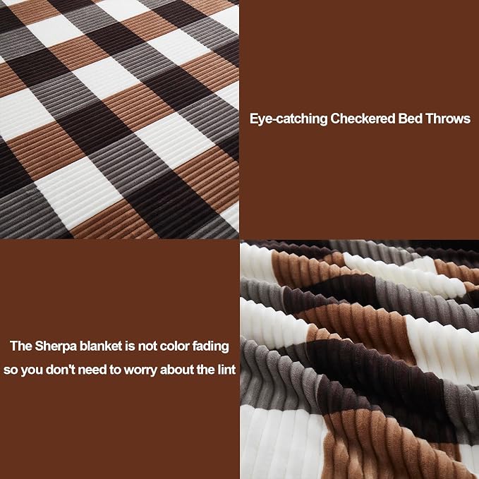 PU MEI Sherpa Blanket Twin Plaid Thick Bed Blanket, 60”*80” Super Soft Flannel Fuzzy Fleece Reversible Velvet Plush Warm Blanket for Couch(Brown-Check, 60"*80")