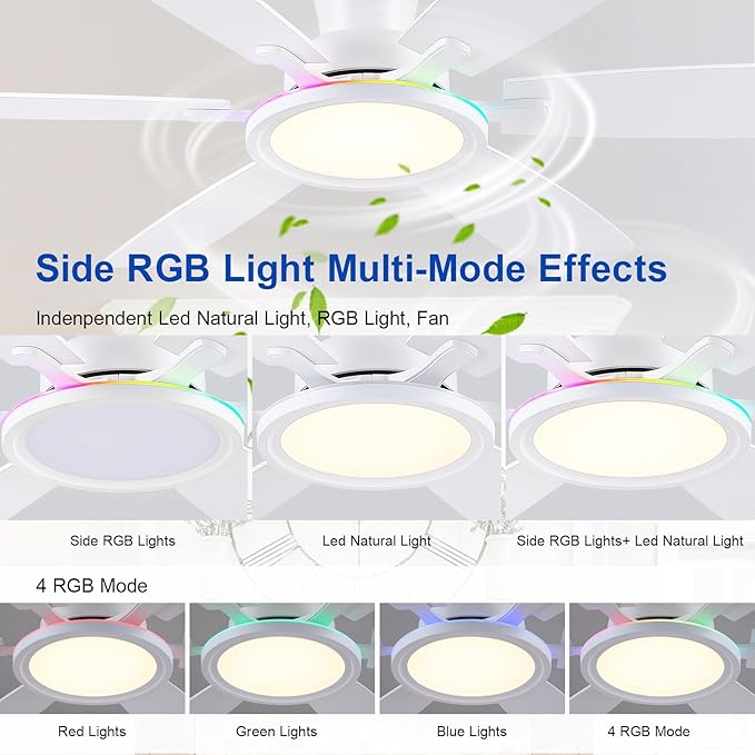 55In Flush Mount Ceiling Fan with RGB Light - White Modern Ceiling Fan with 6 Dual-Sided Blades, Reversible DC Motor, Low Profile Fan Light Fixture for Indoor Bedroom, Outdoor Patios