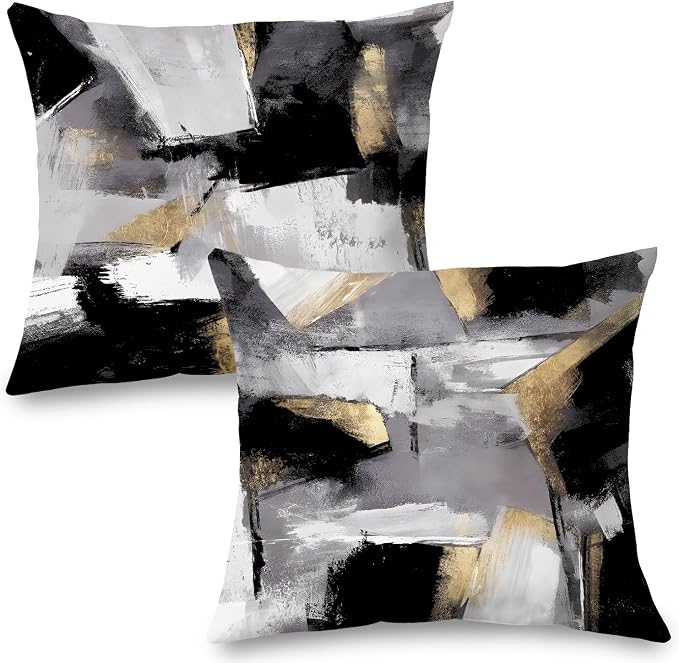 Abstract Black & White & Gold Pillow Covers - 24x24 Set of 2, Modern for Couch & Bed Living Room