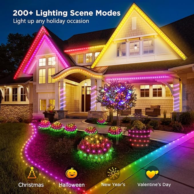 String Lights, 50ft 150 LED Lights Color Changing String Waterproof, 200+ Preset Scene Modes, Smart App & Remote for Indoor Outdoor Christmas Decoration Party Holiday Home Bedroom Patio Decor
