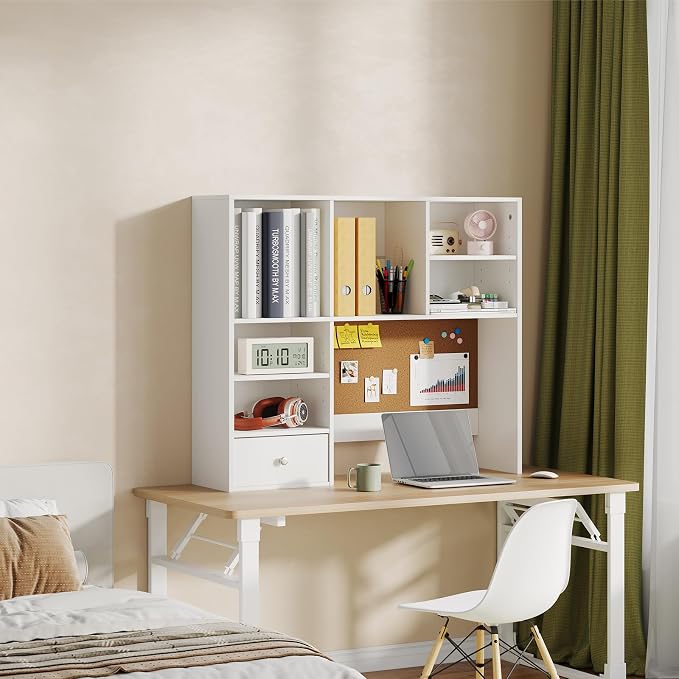 Desk Hutch Dorm with Cork Board, Shelves and Drawer | Desktop Bookshelf for College Dorm, Student Bedroom, White