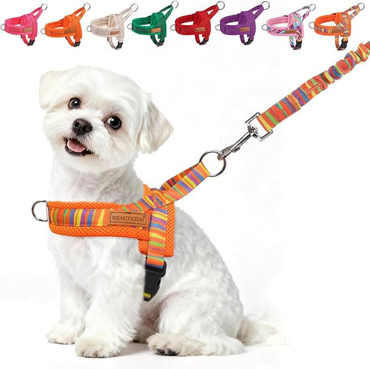 BEAUTYZOO Dog Harness for Small Dogs,No Pull Dog Harness and Leash Set,Soft Escape Proof Puppy Vest Harness with Handle,Reflective Lightweight Step in Harness for Girl Boy Dogs,Orange_Print XS