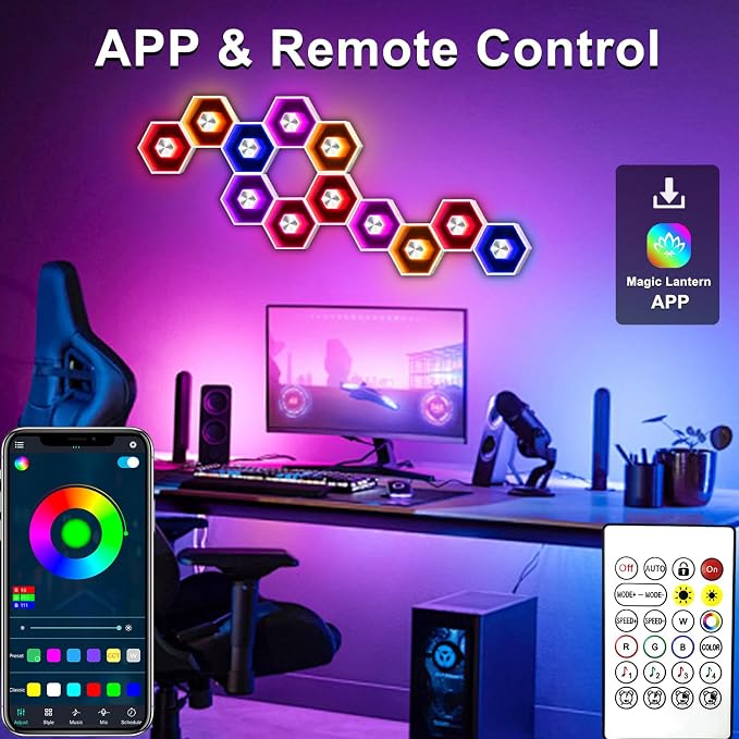 6 Pack Hexagon Lights Wall Panel | Hexagonal Led Lights Room Decor Wall Lights Smart APP Music Sync Honeycomb Shape Panels Hexagon Gaming Lights Bedroom Decor