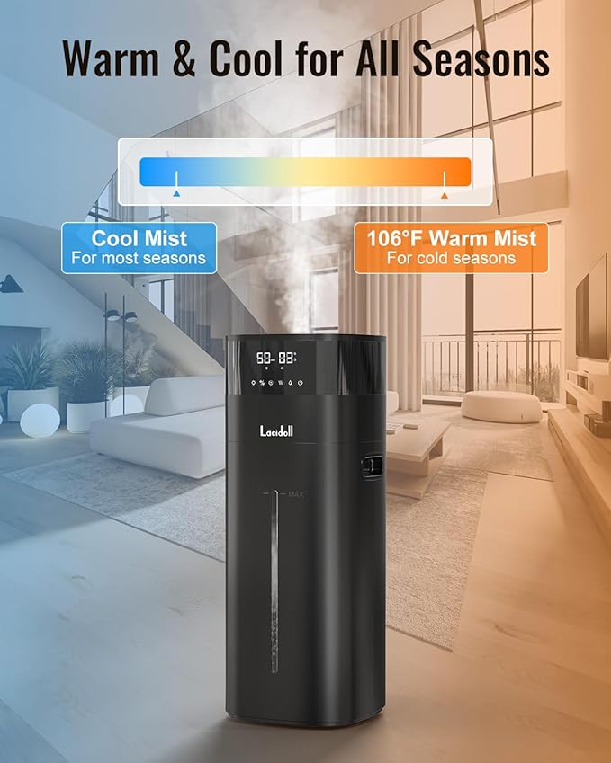Cool and Warm Mist Humidifier Large Room, 5.3Gal/20L Humidifiers for Home 2000 sq ft, Whole House Humidifiers with Diffuser Extended Tube, Air Humidifier for Bedroom Nursery Baby Plants Black
