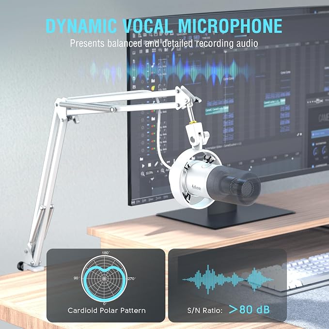 FIFINE AmpliTank K688CTW Dynamic Microphone with Boom Arm, XLR/USB Mic | Studio Vocal Podcast Mic Kit for PC, with Mute Button, Volume Knob, Headphone Jack, for Streaming Recording, White
