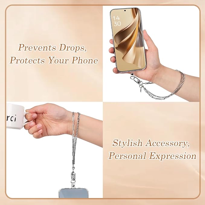 AULEEP Phone Chain Wristlet Strap,Double Metal Phone Charm with Tether Tab,Detachable Cellphone Wrist Strap Universal Silver Hands-free Anti Theft Hand Chain