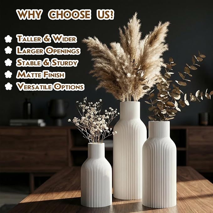 Colorful Ceramic Vases Set of 3 (White, Yellow, Blue) - Modern Matte Ribbed Color-Block Vases for Dried Flowers - Scandi Boho Decor Centerpieces for Living Room & Shelf