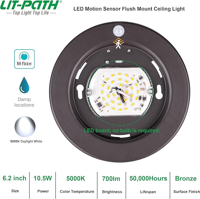 LIT-PaTH LED Flush Mount Ceiling Light, Closet Lighting Fixture with Motion Sensor, 10.5W, 700 Lumen, 6.2 Inch, Anti-Rust Galvanized Housing, Bronze Finish 5000K 1-Pack
