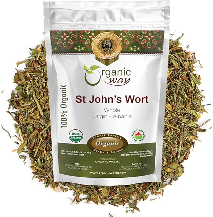 Organic Way St. John's Wort Whole (Hypericum perforatum) - Herbal Tea | European Wild-Harvest | Organic, Kosher & USDA Certified | Vegan, Non GMO & Gluten Free | Origin - Albania (1/2LBS / 8Oz)