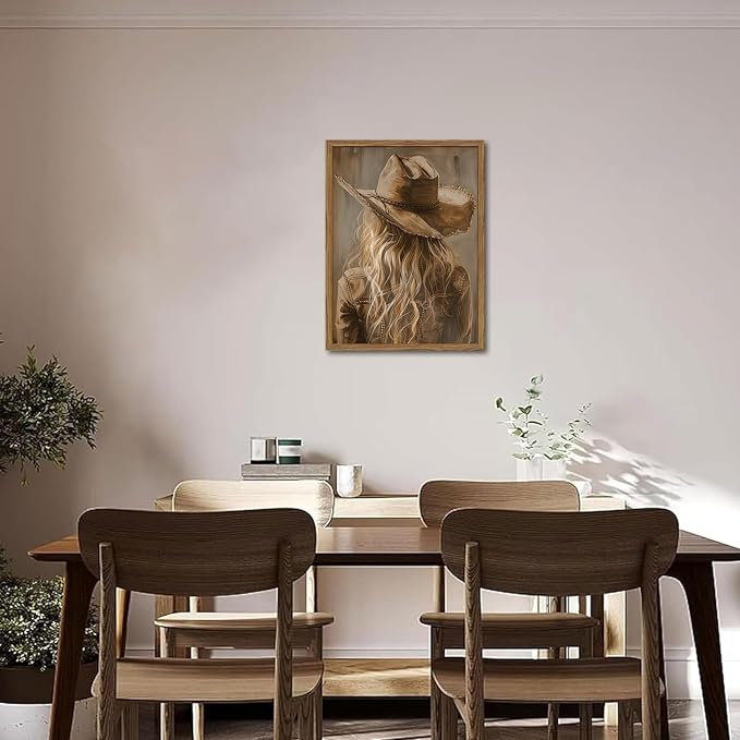 Vintage Western Cowgirl Wall Art, Country Girl Cowboy Wall Decor Painting, Girly Southwestern Poster Canvas Prints for Living Room Bedroom Farmhouse 12x16 inch Wood Framed