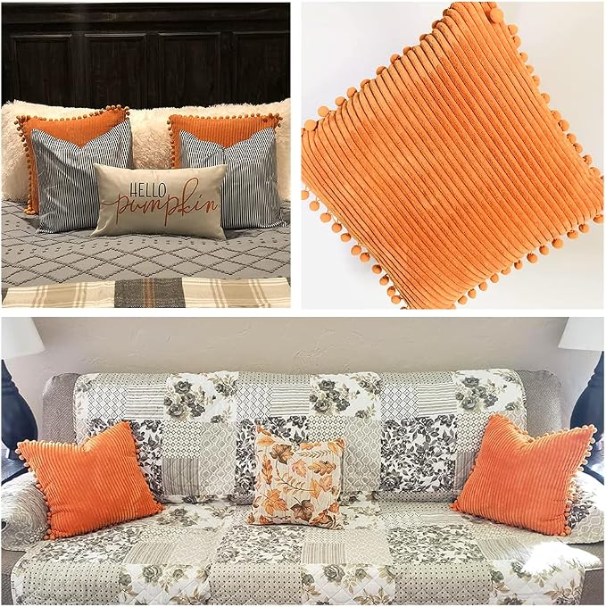 Fancy Homi Pack of 2 Fall Lumbar Decorative Throw Pillow Covers with Pom-poms, Soft Corduroy Solid Rectangle Cushion Cases for Couch Sofa Bed Living Room, Fall Home Decor (12x24 Inch/30x60 cm, Orange)