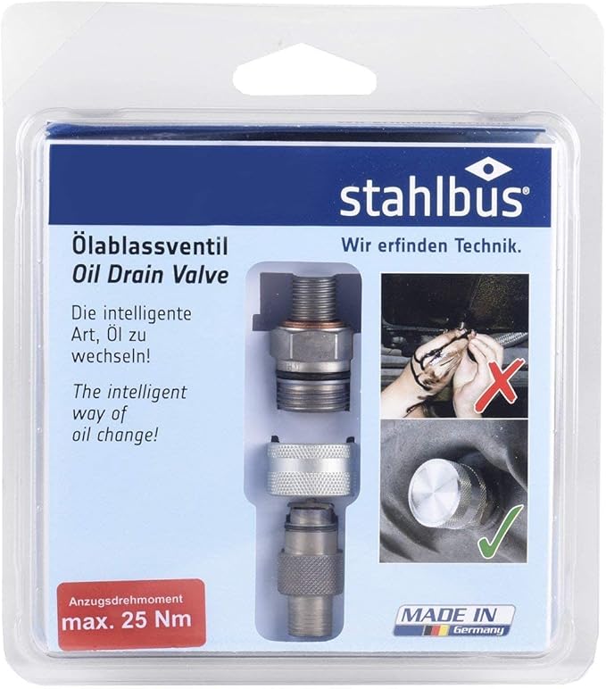 Stahlbus Oil Drain Valve Plug M14x1.5x12mm Steel CLEAN, EASY, NO TOOL Oil Change Include Drain Plug, Washer, Cap, Connector, Hose Compatible with: Most Honda, Hyudani, KIA, Acura, Audi, VW, Mazda