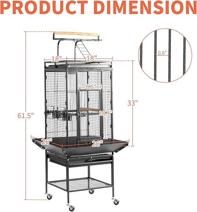 VINGLI 65-Inch Wrought Iron Bird Cage with Playtop | Durable Large Flight Cage with Ladder & Rolling Stand for Parrots, Cockatiels, Budgies, Lovebirds, Small/Medium Birds
