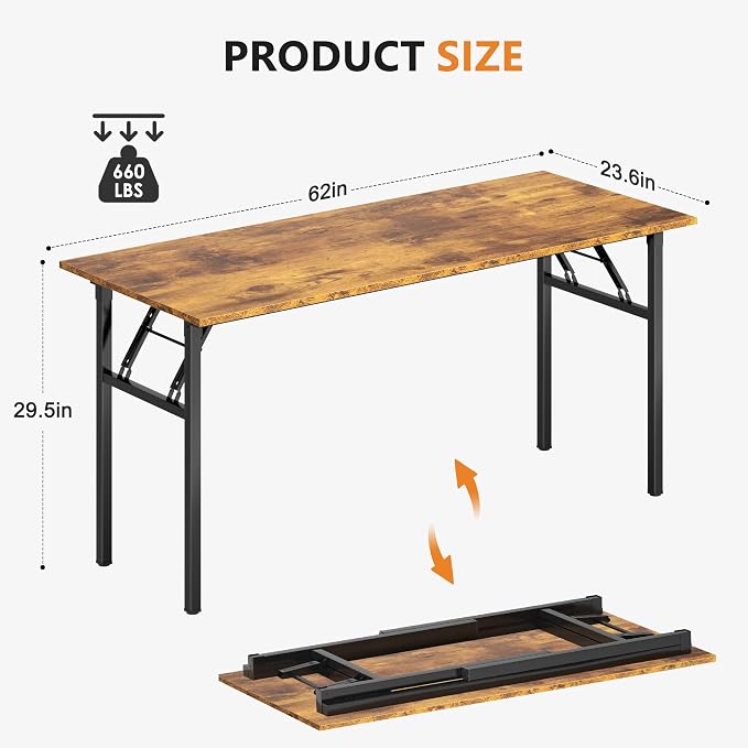Need Home Office Desk - 62 Inches Large Computer Desk Sturdy Black Table Foldable Desk Gaming Computer Table No Assembly Required Rustic Brown AC5FB(157.5 * 60) | Black Frame Writing Gaming Work Table/Foldable Home Office Desk/Sewing Table, No Assembly...
