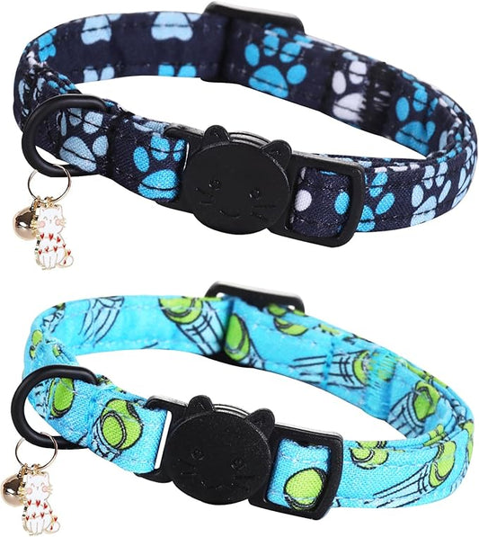 Cat Collar-2 Pack Cat Collars Tennis Balls & Footprint Cat Collar Breakaway with Kitten and Bell Pendant Safety Buckle Pet Collar Cute Cotton Collar for for Cats and Small Pets