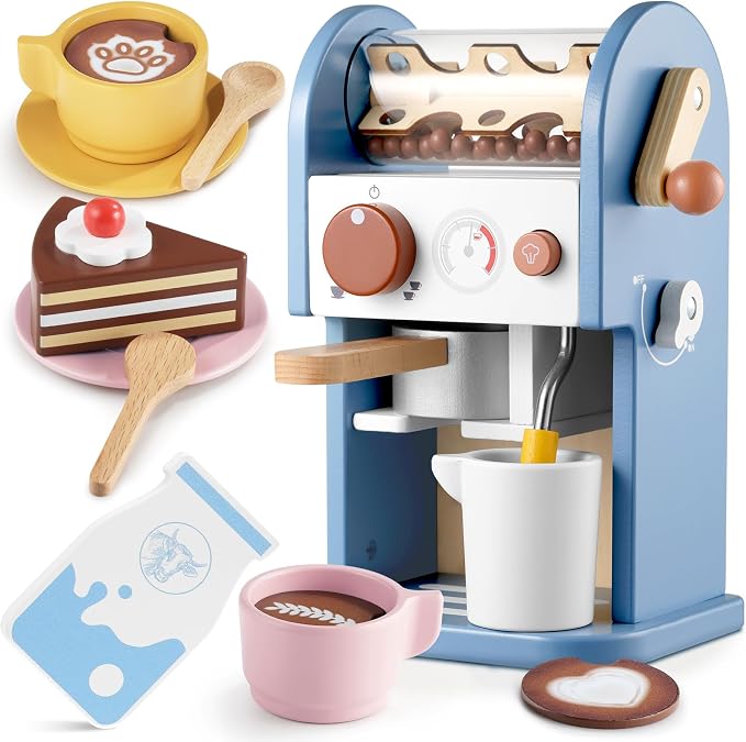 GAGAKU Wooden Coffee Machine Toy with Grinder，15 pcs Wood Play Kitchen Accessories for Kids Non-Toxic Pretend Play Barista Set Learning Gift for Toddlers Girls Boys Ages 3+