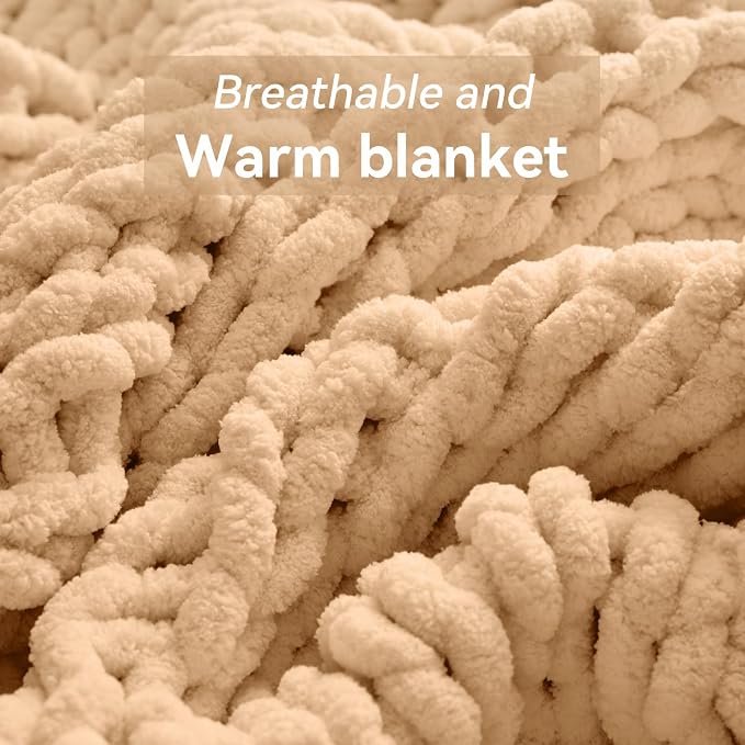 Negwoo Chunky Knit Throw Blanket, Knitted Throw Chenille Yarn, 80"*90" | Soft Thick Cable Knitted Blankets, Handmade Big Thick Blanket, Machine Washable Cute Comfy Blanket for Home Decor, Beige